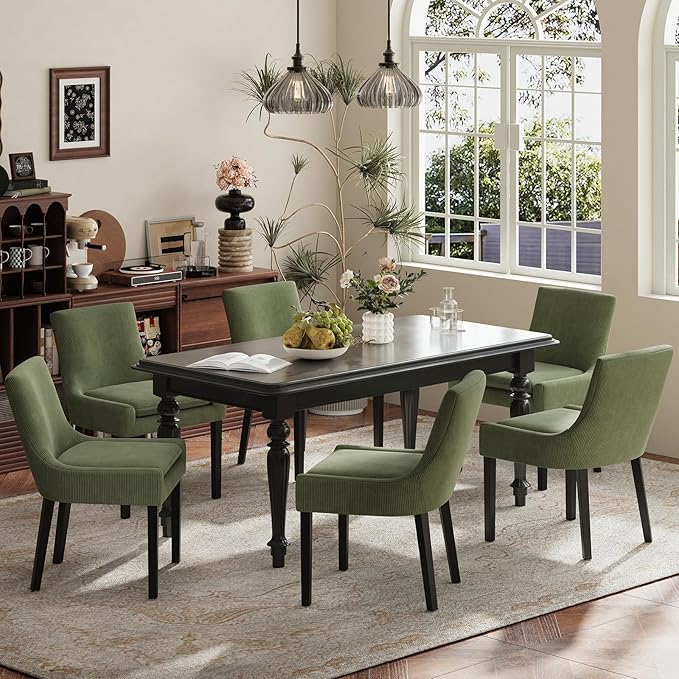 Modern Dining Chairs Set of 6, Upholstered Corduroy Dining Room Chairs with Wood Legs, Mid-Back Padded Kitchen Side Chairs for Dining Room, Green