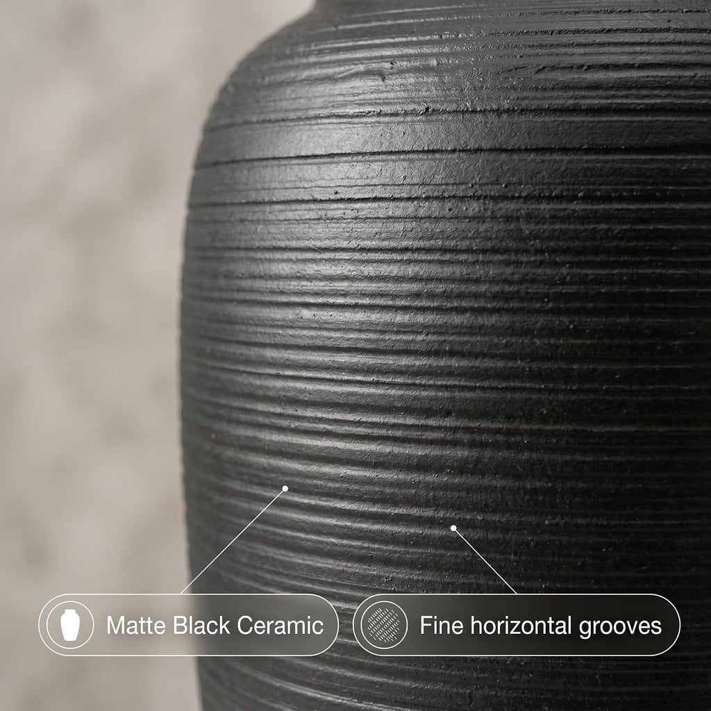 12.6" Large Matte Black Ceramic Vase, Modern Minimalist Centerpiece | Elegant matte black ribbed clay vase. Modern minimalist centerpiece, rustic farmhouse & boho decor for mantel and shelf.