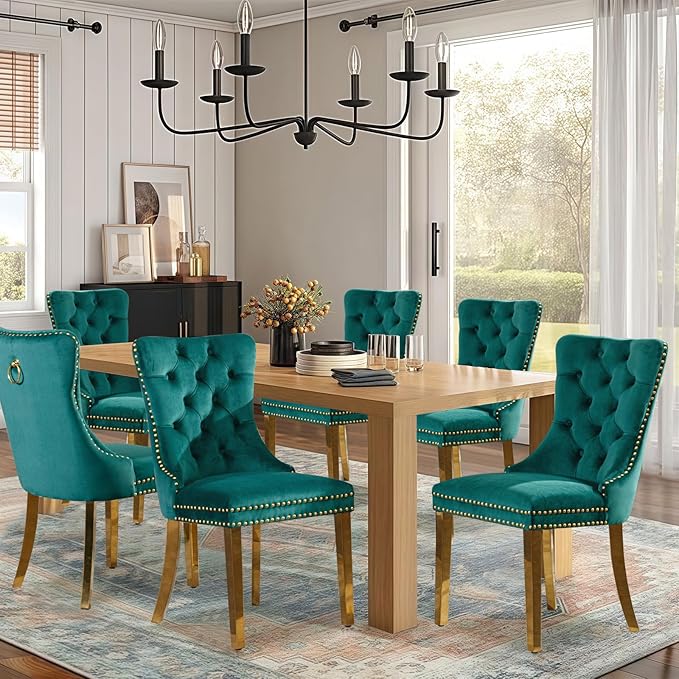 Velvet Upholstered Dining Chairs Set of 6, Modern Style Kitchen Side Chairs with Nailhead Trim and Gold Plated Leg, Metal Pulling Ring for Dining Room Living Room(Green,Set of 6)