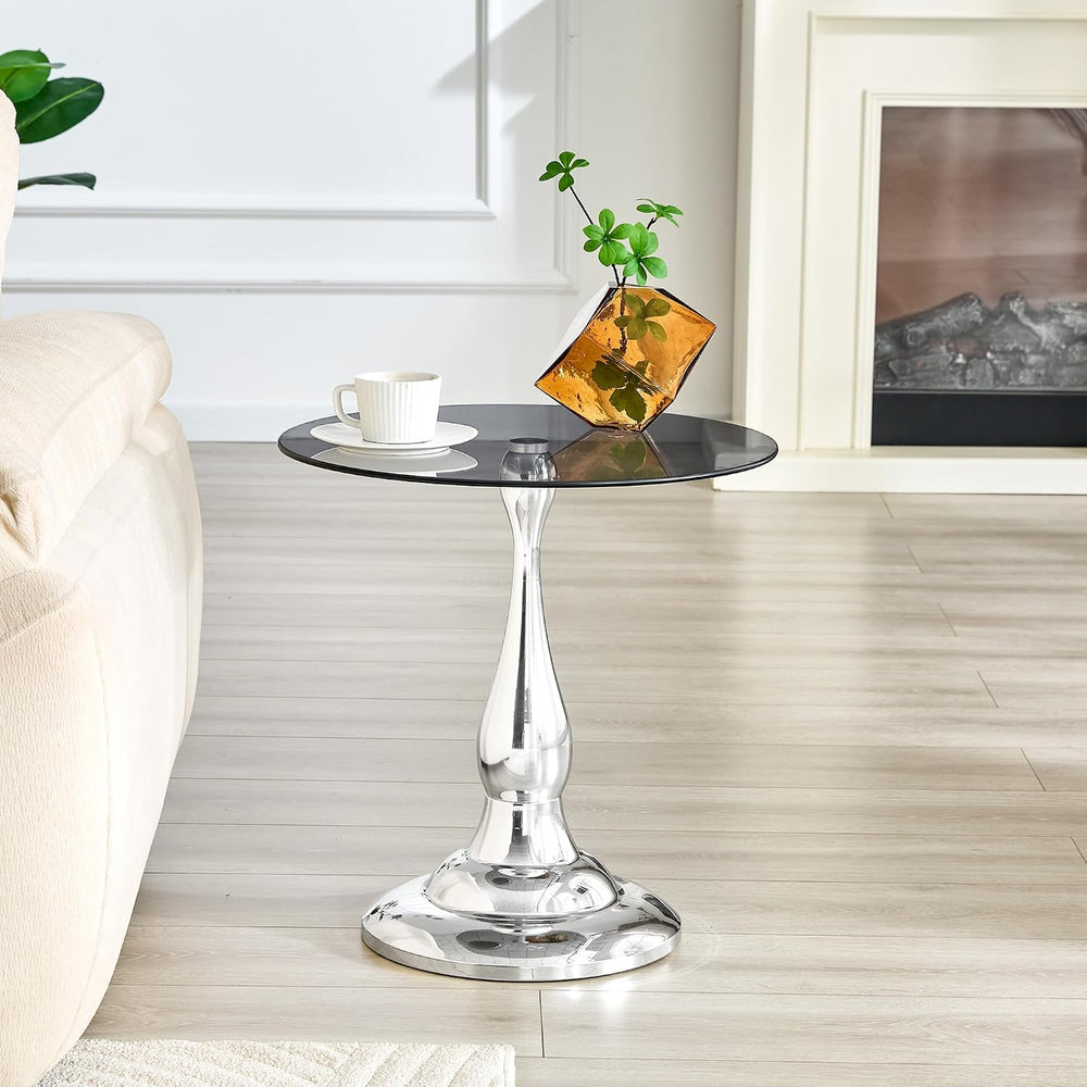 Round Glass Side Table with Silver Metal Base, 19.6'' Gray Tempered G...