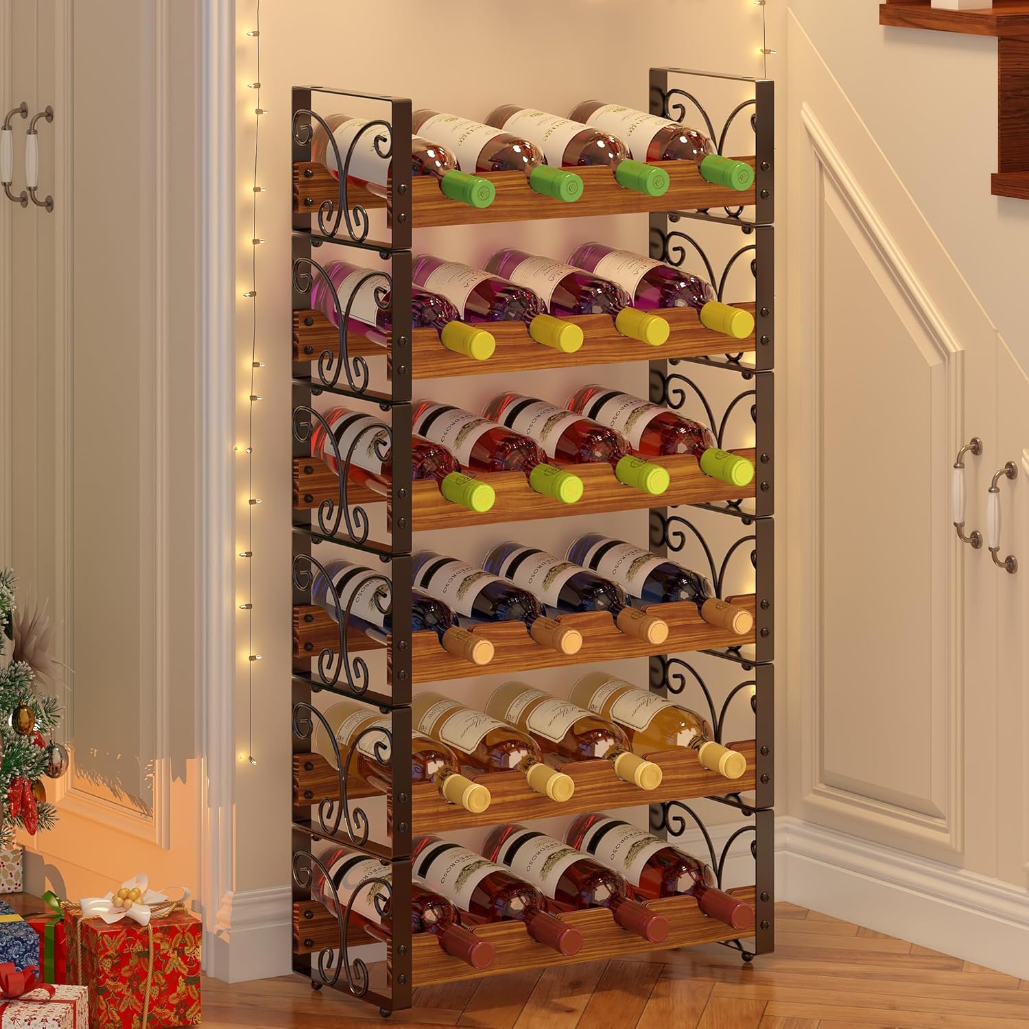X-cosrack Wine Racks Free Standing Floor, 6-Tier 24 Bottles Wine Rack for Cabinet, Wood & Metal Wine Stackable Rack, Wine Bottle Holder for Wine Cellar, Wine Storage for Home Bar & Kitchen