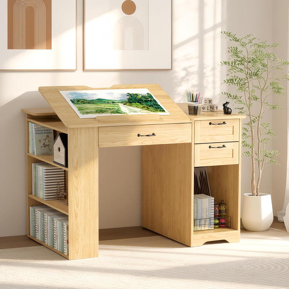 Drafting Table with Storage Cabinet & Drawers, Adjustable Drawing Desk wi...