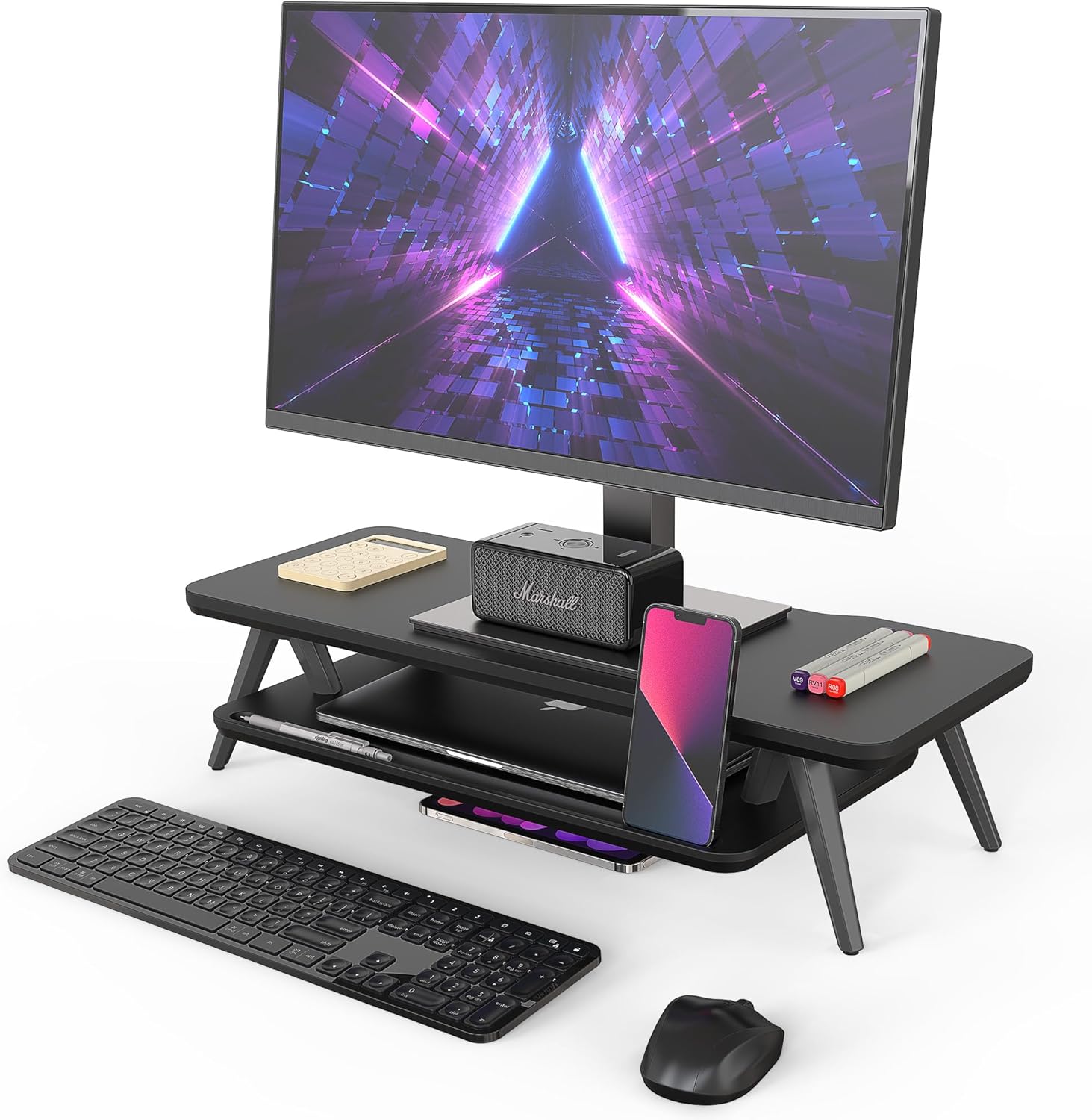 Fenge Monitor Stand, Monitor Stands Riser for Desk, 23.6 Inch Wood Desk Shelf with Storage Organizer and Cable Management for Office Desk Accessories