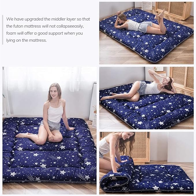 MAXYOYO Japanese Floor Mattress Futon Mattress, 4" Thicken Tatami Mat Sleeping Pad Foldable Roll Up Mat Boys Girls Dormitory Pad Kids Floor Lounger Pillow Bed, Charcoal Grey, Queen Size