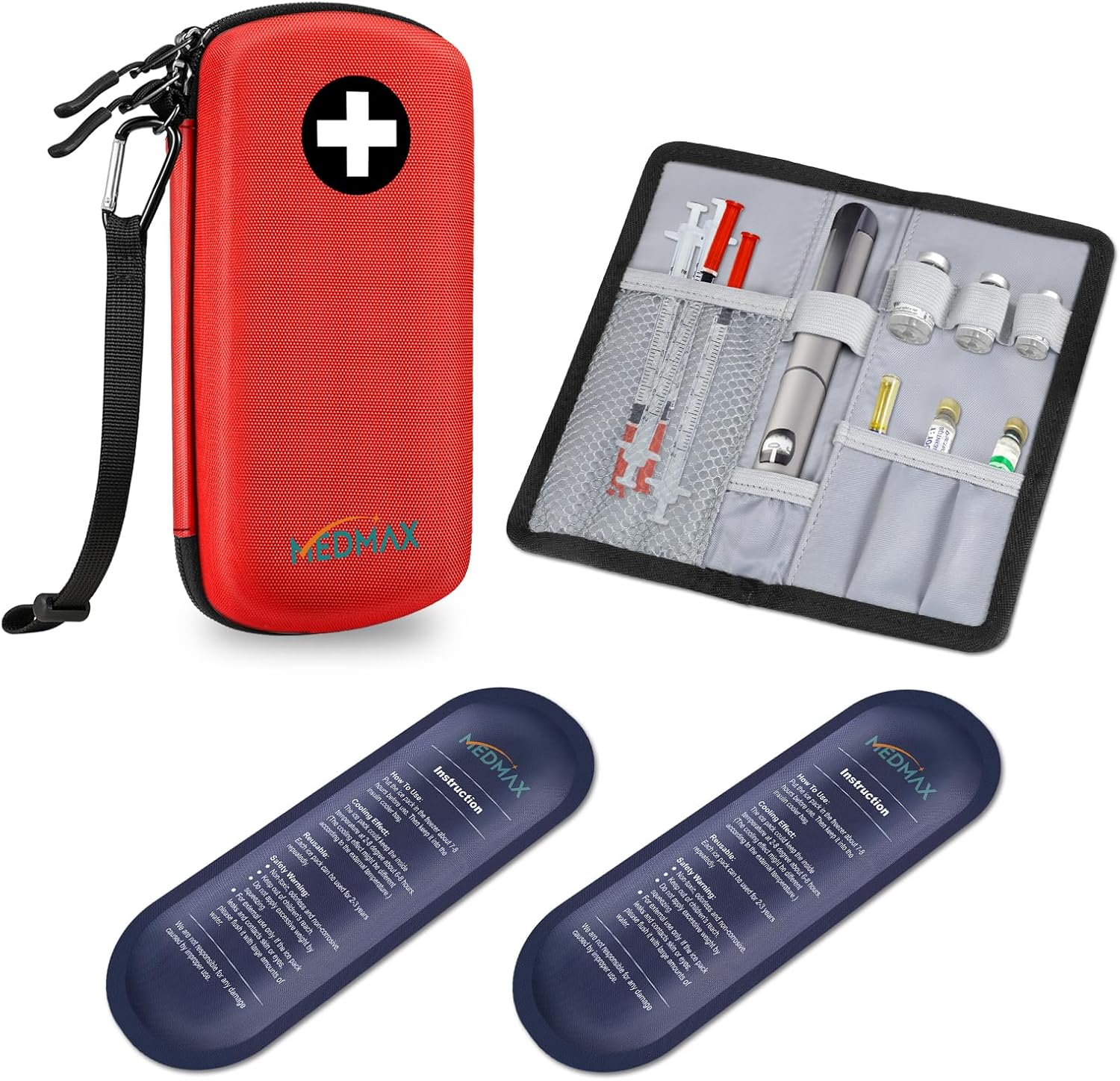 Hard Shell Insulin Cooler Travel Case with 2 Ice Pack, Shock Absorption Insulated Diabetic Medication Organizer Carrying Bag with Extra Pouch for Insulin Pen and Other Diabetic Supplies, Red