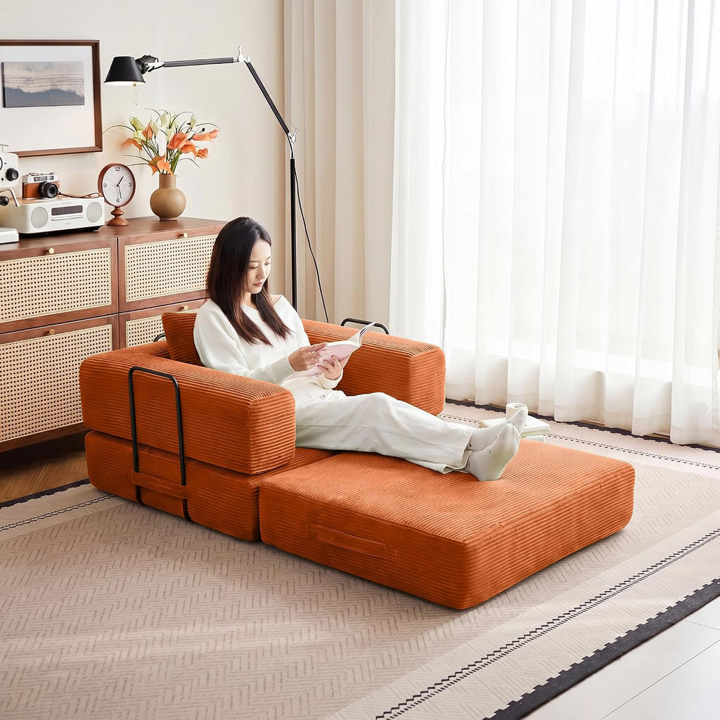 37.4in Convertible Sofa Bed, Corduroy Boneless Couch Bed, Futon Sleeper Sofa Pull Out Bed, Foldable Couch for Living Room Apartment, No Assembly Required