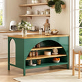 Christopher Knight Home Elle 56" Kitchen Island with Open Storage, Farmhouse Rubberwood Kitchen Island Table with Arch Detail, Storage Cabinet with 3 Open Shelves, Kitchen Prep Table, Green+Natural