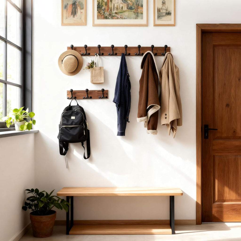 SKOLOO 17-Inch Wood Coat Rack Wall Mount with 3 Triple Hooks - Ideal for Family Entrances, Classrooms, and Pet Supplies Storage - Perfect Coat Hooks for Wall,Charred Golden Brown, Pack of 2