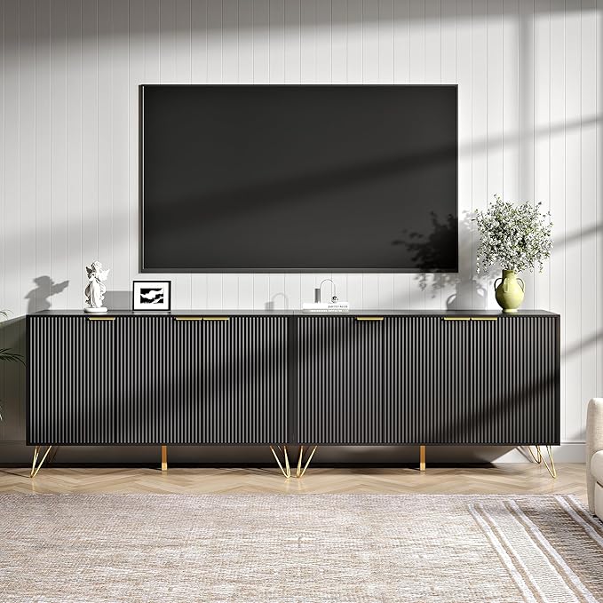 Fluted TV Stand for 100 Inch TV,Black TV Stands for Living Room,Modern Entertainment Center with Storage Cabinets,Adjustable Shelves & Gold Handles,Wood Media Console for Living Room