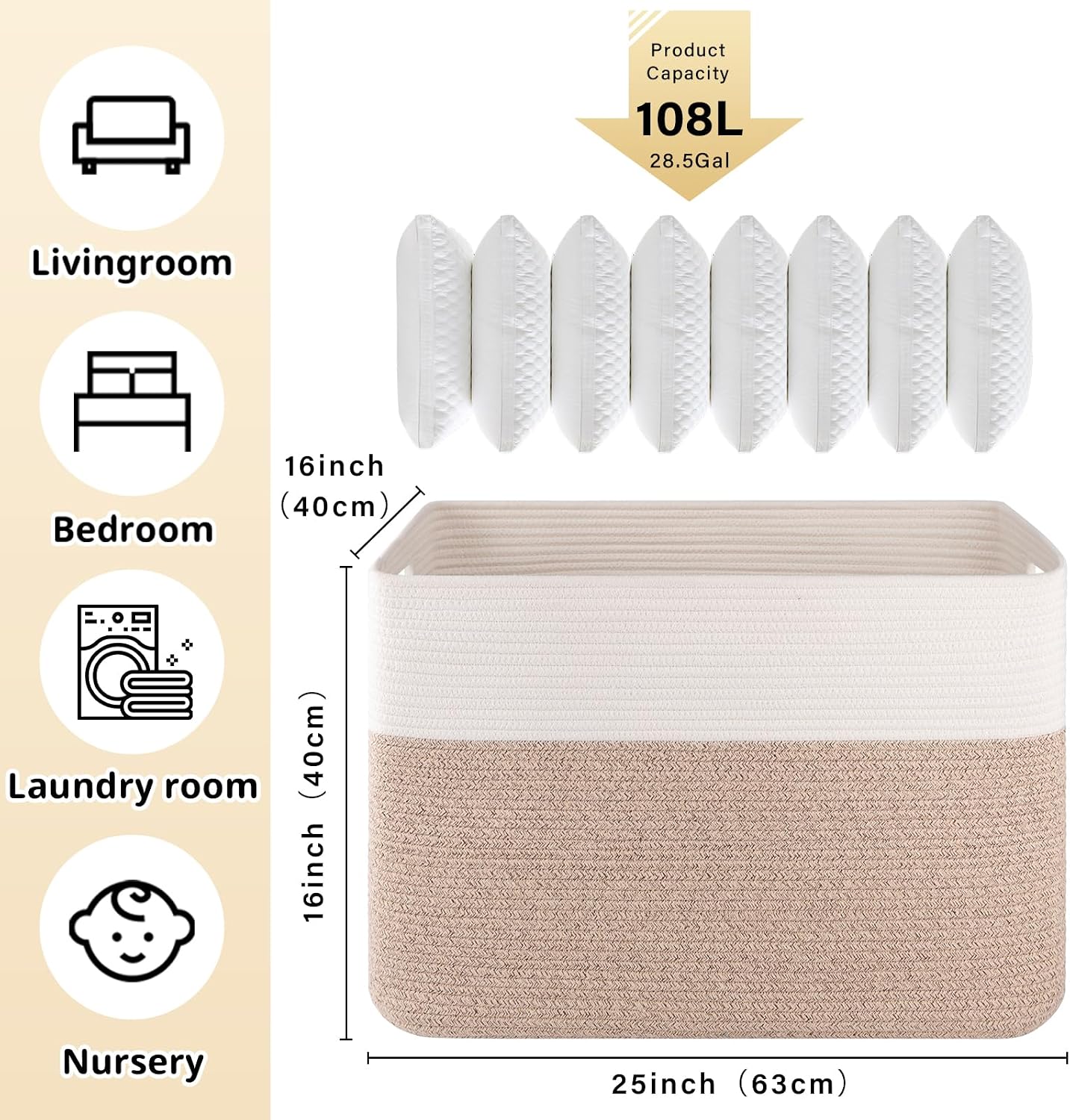 OIAHOMY 108L Extra Large Blanket Basket, 25”x16”x16” Laundry Basket, Blanket Storage for Living Room, Dog Toy Storage with Handle - Brown & White