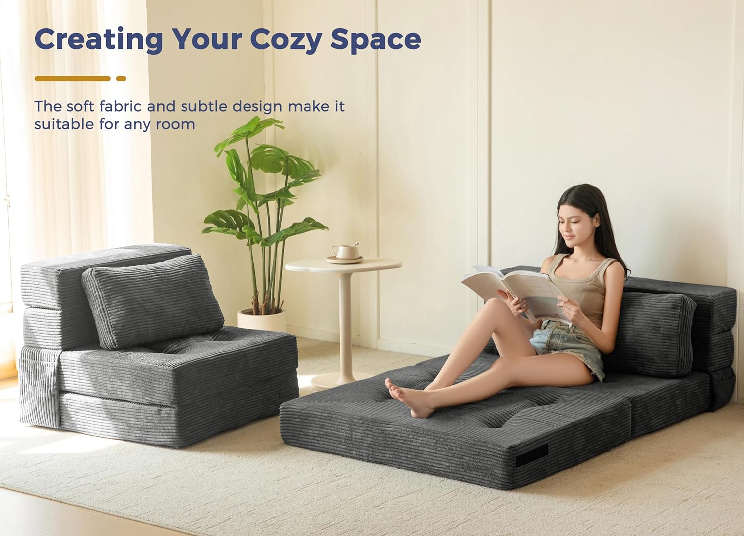 MAXYOYO Convertible Sofa Bed, Fold Out Sofa Couch with Pillow for Adults | Loveseat Sofa 4 in 1 Tufted Folding Couch Bed Foam Floor Couch, Lazy Chair for Living Room Bedroom Guest Room, Dark Grey