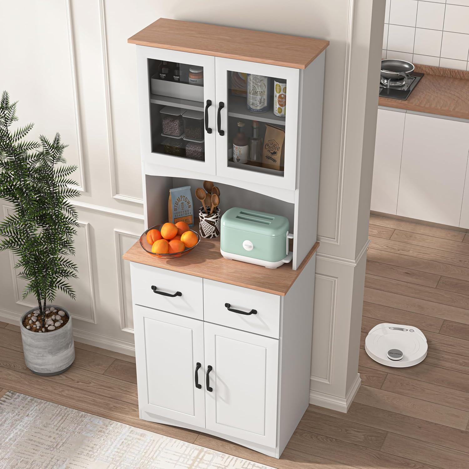 Freestanding Kitchen Pantry with 2 Dawers & 2 Shelves, French Door & Double Door, Rectangular Storage Cabinet, Modern Minimalist, for Living Room, Dining Room, White