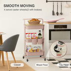 DTK 3 Tier Rolling Utility Cart with Cover Top Board, Movable Kitchen Storage Cart Trolley with Lockable Wheels, Cups, Hooks for Kitchen Bathroom Home Office Art Craft Storage and Organization(Pink)