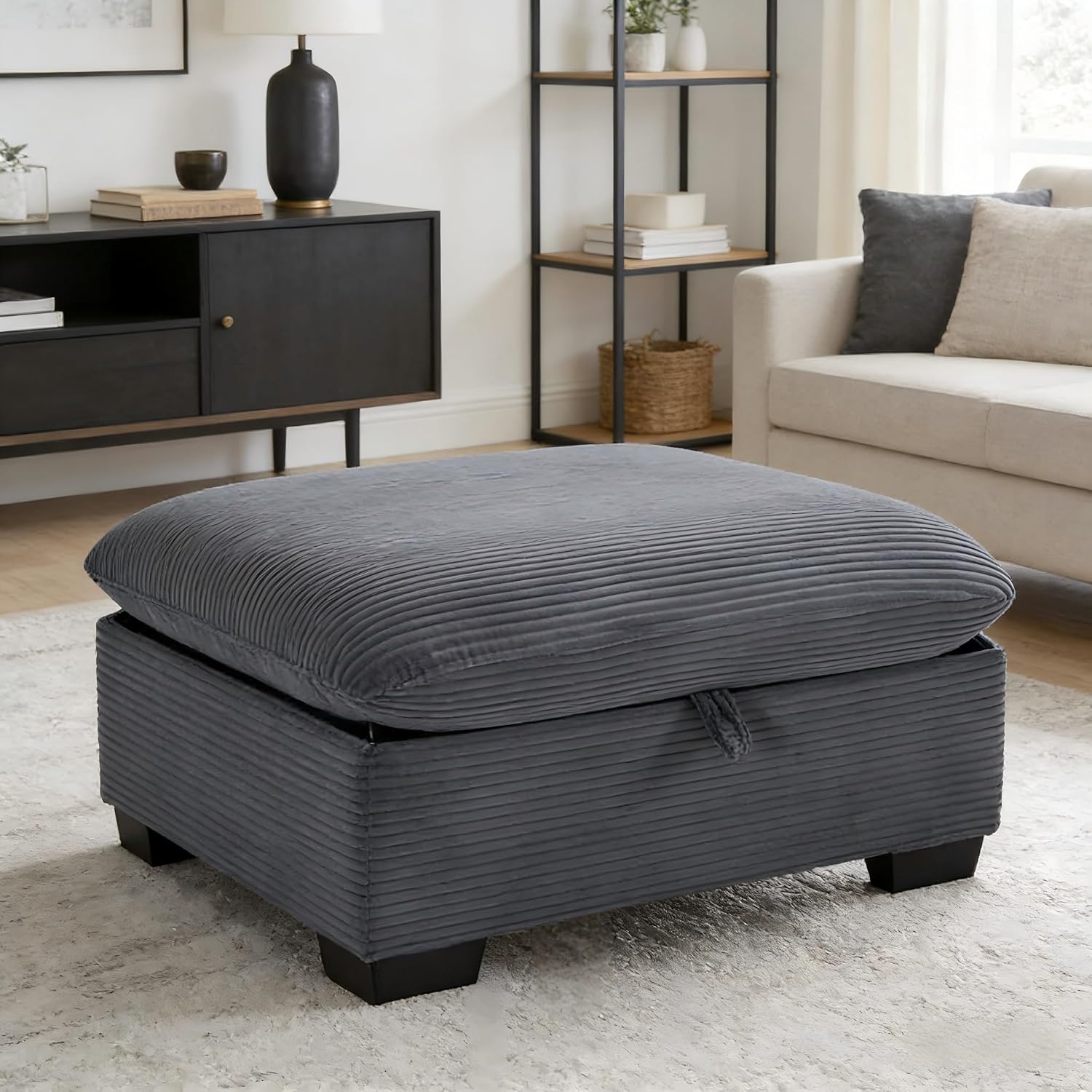 asunflower Matching Large Storage Ottoman for Sectional Sofa, Oversized Foldable Footrest Stool with Lid, Dark Grey Corduroy Bench - 37.4" Extra Wide