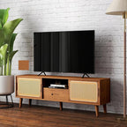 HollyHOME Bamboo TV Stand with Storage for TVs up to 65", Modern Entertainment Center with Rattan and Drawer, Accent TV Table with 2 Shelf, Media Console Cabinet for Living Room, Bedroom, Walnut