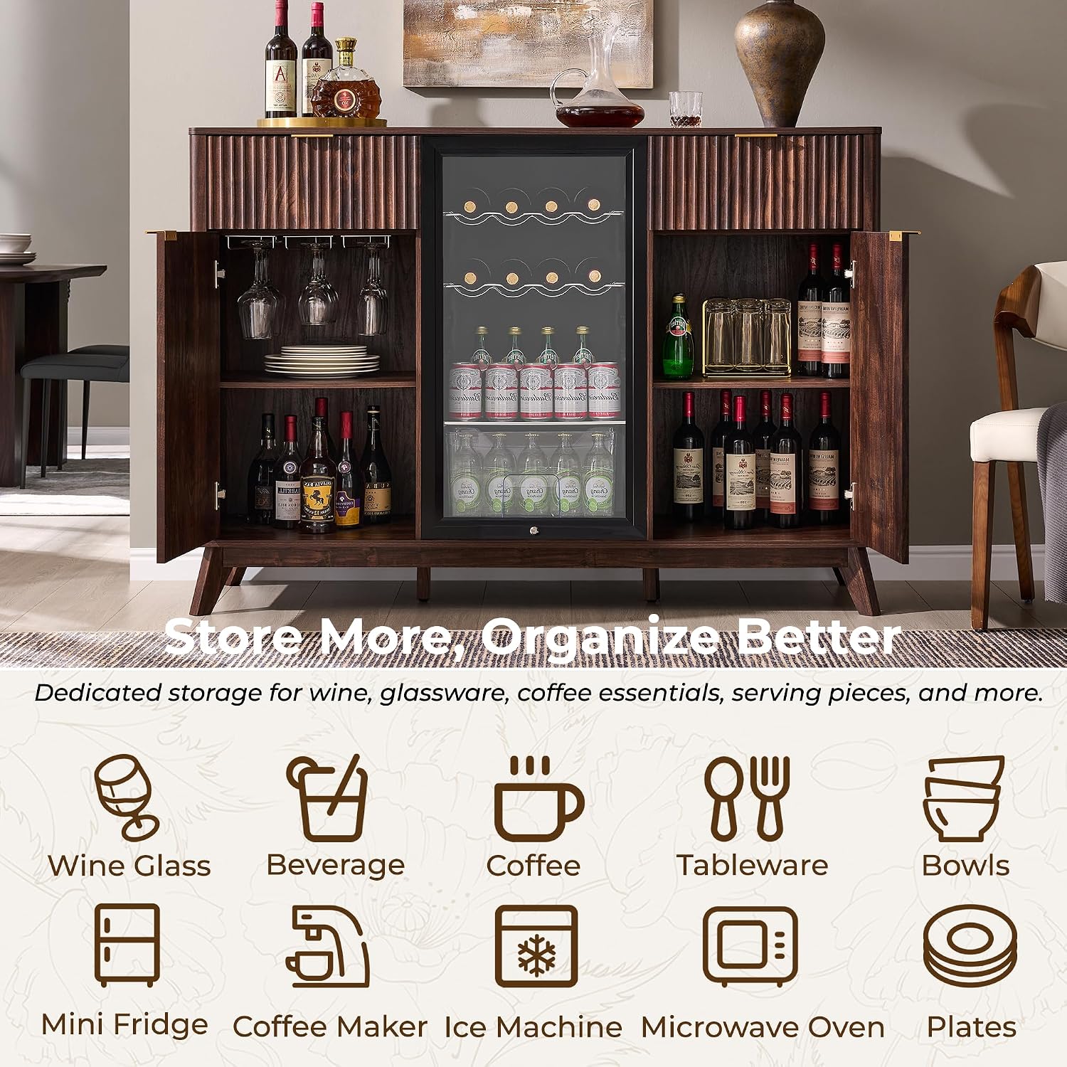 OKD 60" Fluted Coffee Bar Cabinet with Mini Fridge Space, Dark Walnut | Mini Fridge Compatible, Built In Charging Station, 3 Stemware Racks, 2 Drawers, 2 Cabinets, Home Bar Cabinet Storage