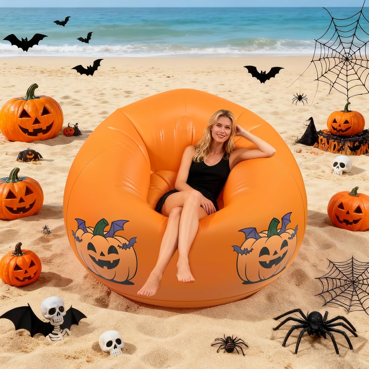 Inflatable Bean Bag Chair Sofa for Kids with Pumpkin Pattern Glow in the Dark, Blow up Air Lounge Chairs Furniture Couch for Camping Movie Night Halloween Decoration Clearance
