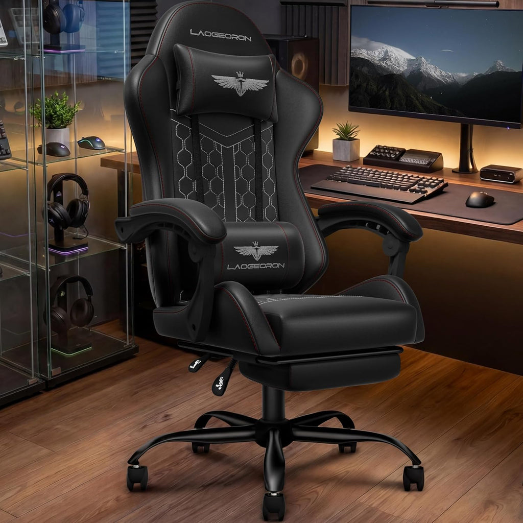 Gaming Chair, Heavy Duty Ergonomic Computer Gaming Chairs, High Back Video Game Chairs, 400 lbs Lumbar Support Linked Armrests Adult sillas Gamer with Retractable Footrest (Black)