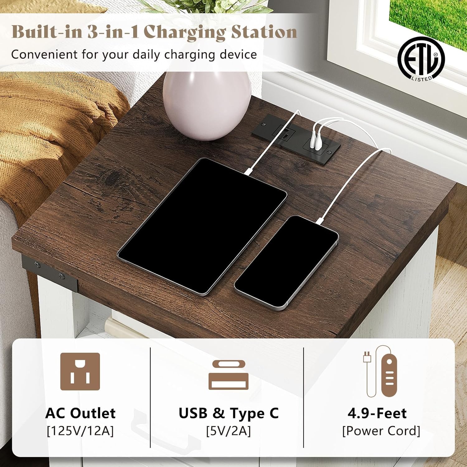 AMERLIFE Farmhouse End Table Set of 2, 18" Wood Nightstands with Charging Station and 2 Drawers, Heavy Duty Bedside Tables for Bedroom or Living Room, Antique White