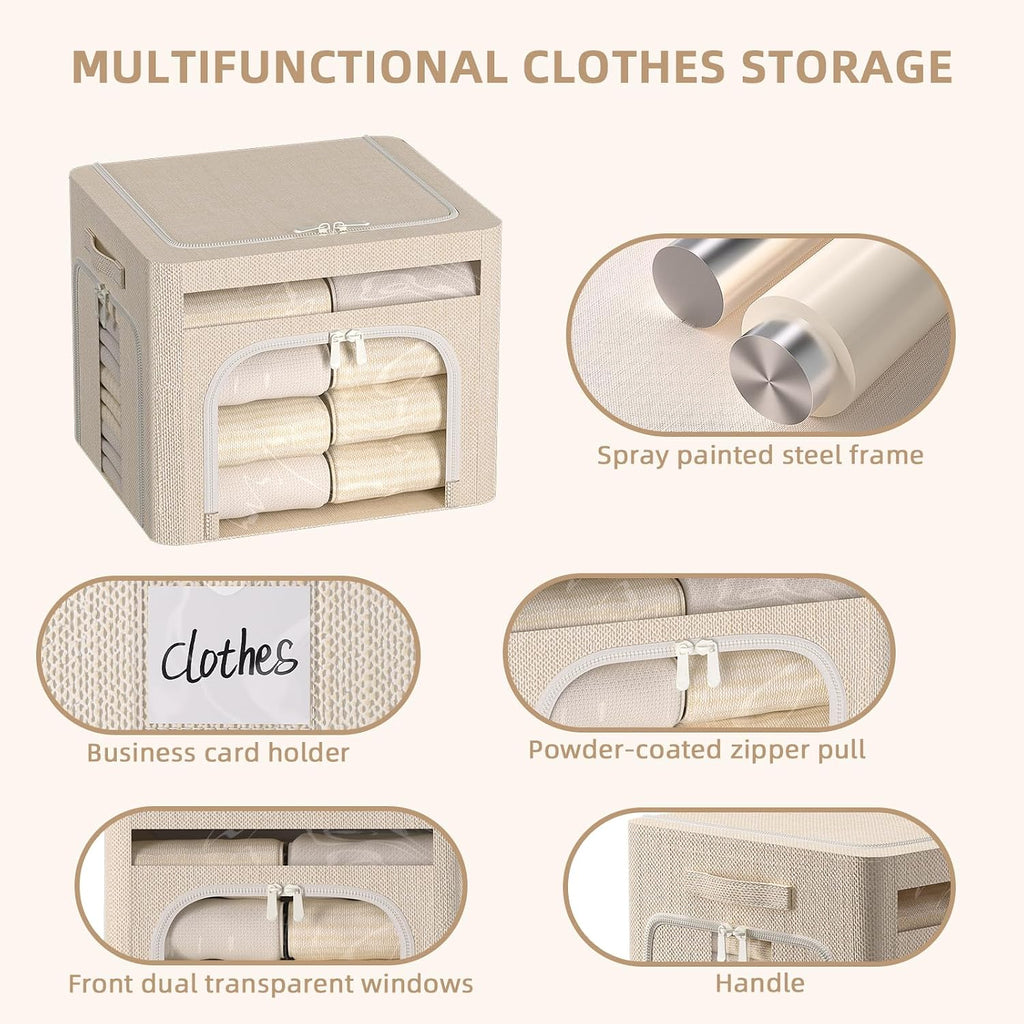 FHSQX 6 Pack Foldable Storage Bins for Clothes Clothes Storage Bins with Metal Frame Stackable Storage Box with Lid (Beige, 16.5x12.2x12.2 inch (40L))