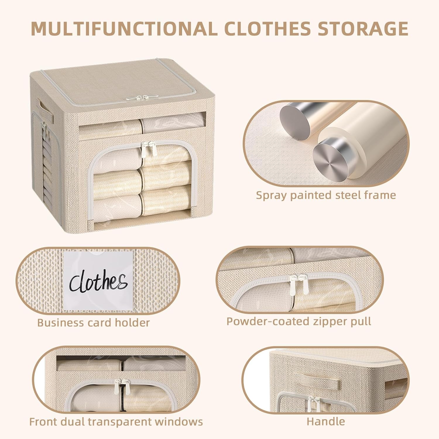 FHSQX 6 Pack Foldable Storage Bins for Clothes Clothes Storage Bins with Metal Frame Stackable Storage Box with Lid (Beige, 16.5x12.2x12.2 inch (40L))