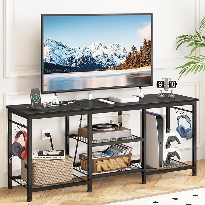 YGEOMER TV Stand for 55 Inch TV, Entertainment Center with Power Outlet and O...