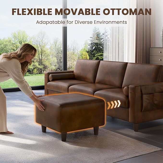 Vesgantti 100" L Shaped PU Faux Leather Sofa with Movable Ottoman, 3 Seater Leather Sectional Couch with Side Pocket, Comfy Modern Modular Couch for Living Room, Apartment, Cocoa