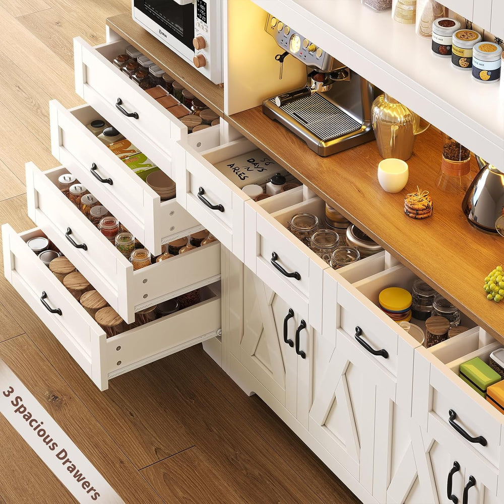 Kitchen Pantry Cabinet with 8 Drawers & Arched Open Shelf, Tall Farmhouse...