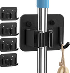4 Pack Mop and Broom Holder Wall Mount - Stainless Steel Broom Mop Hanger - Wall Mounted Garden Tool Rack Organizer for Closet Garage Laundry Room Kitchen Decor (Black)