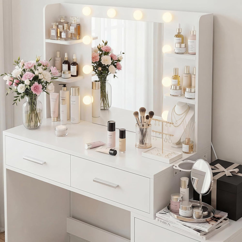 YESHOMY Makeup Vanity Desk with Mirror & Lights, Vanity Table with 5 Draw...
