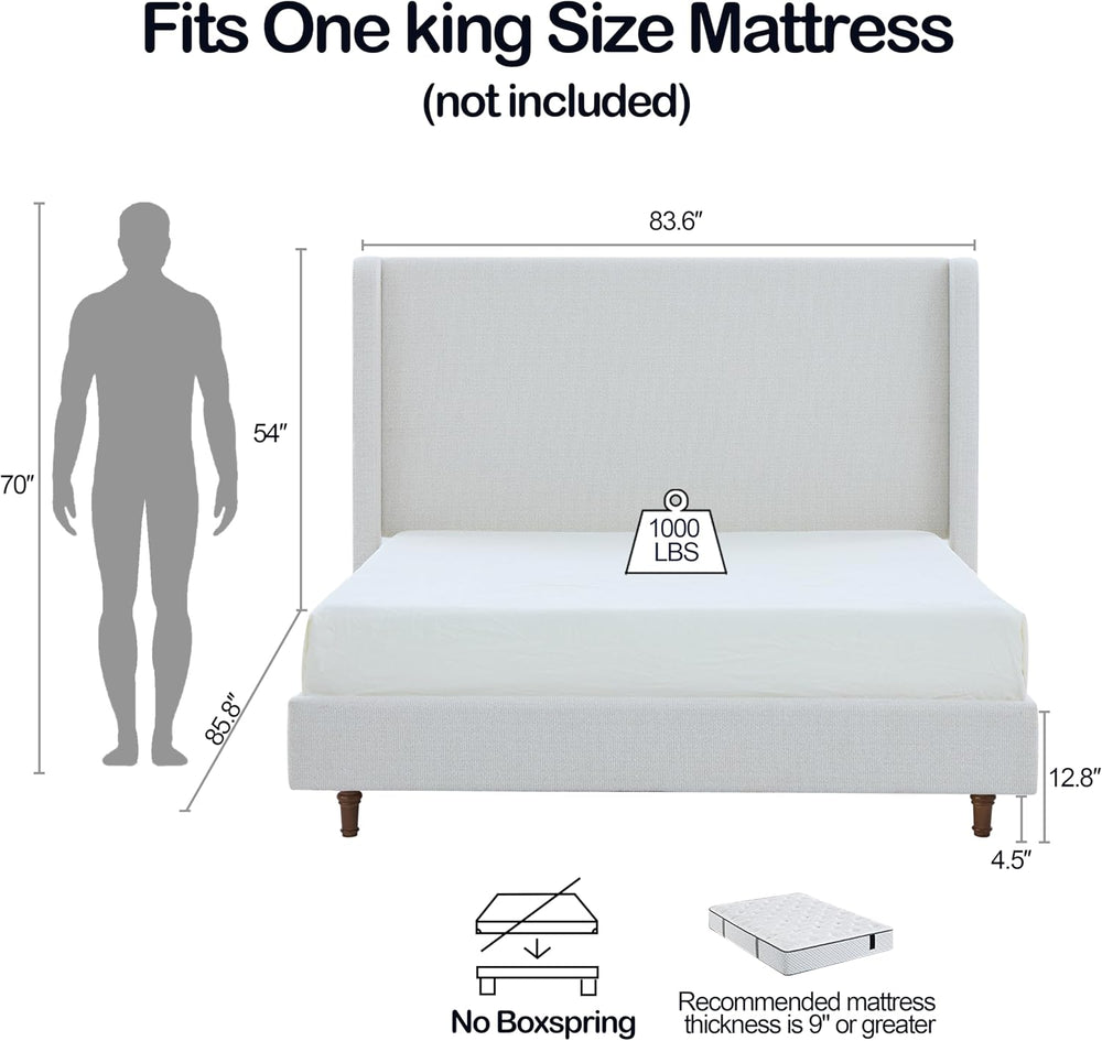 Upholstered Bed Frame with 54" Tall Wingback Headboard, Elegant Boucle F...