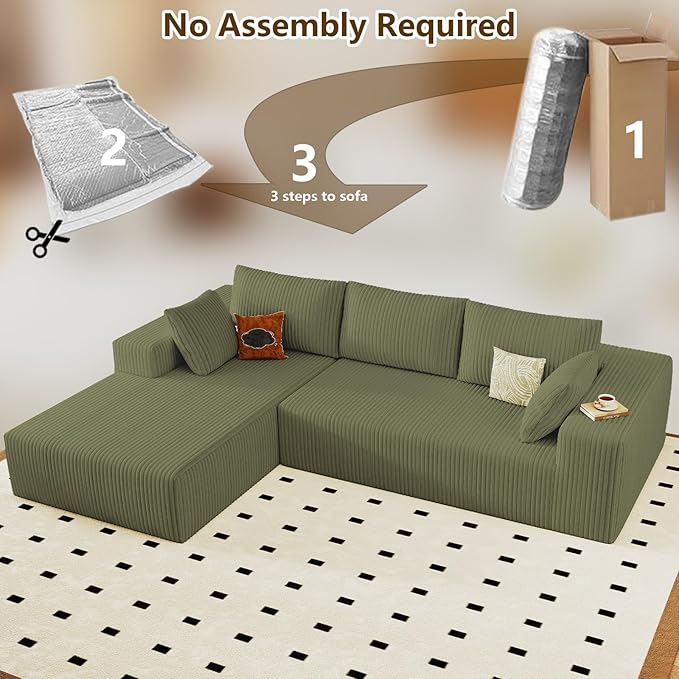 96" Modular Sectional Couch, Boneless L Shaped Cloud Sofa with Chaise Lounge, Corduroy Upholstered Couches Memory Foam Deep Seat, No Assembly Required, Ideal for Living Room(Green, Left Facing)