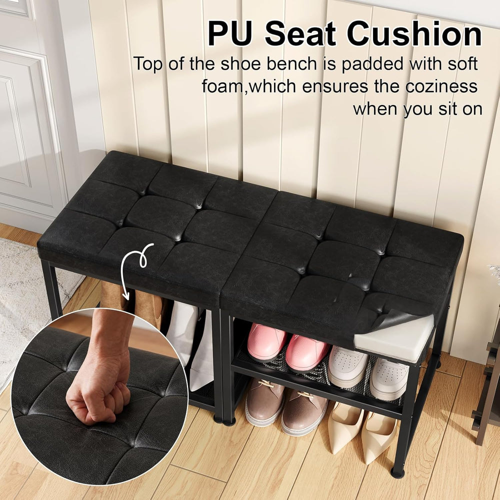 DreamDashio Set of 2 Small Shoe Storage Benches with PU Leather Cushion, 3-Ti...