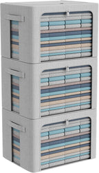 CYhom 3Pack Foldable Storage Bins - Frame Storage Box Linen Fabric Stackable Clothes Container Organizer with Clear Window & Carry Handles Large Capacity (Large-66L, Light Grey)