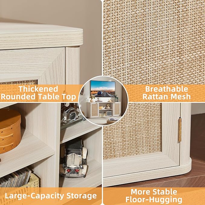 LEYAOYAO Rattan TV Stands for Living Room, Boho Entertainment Center with Storage and Open Shelf, Wood Media Console for 50-65 Inch TV, Grey White