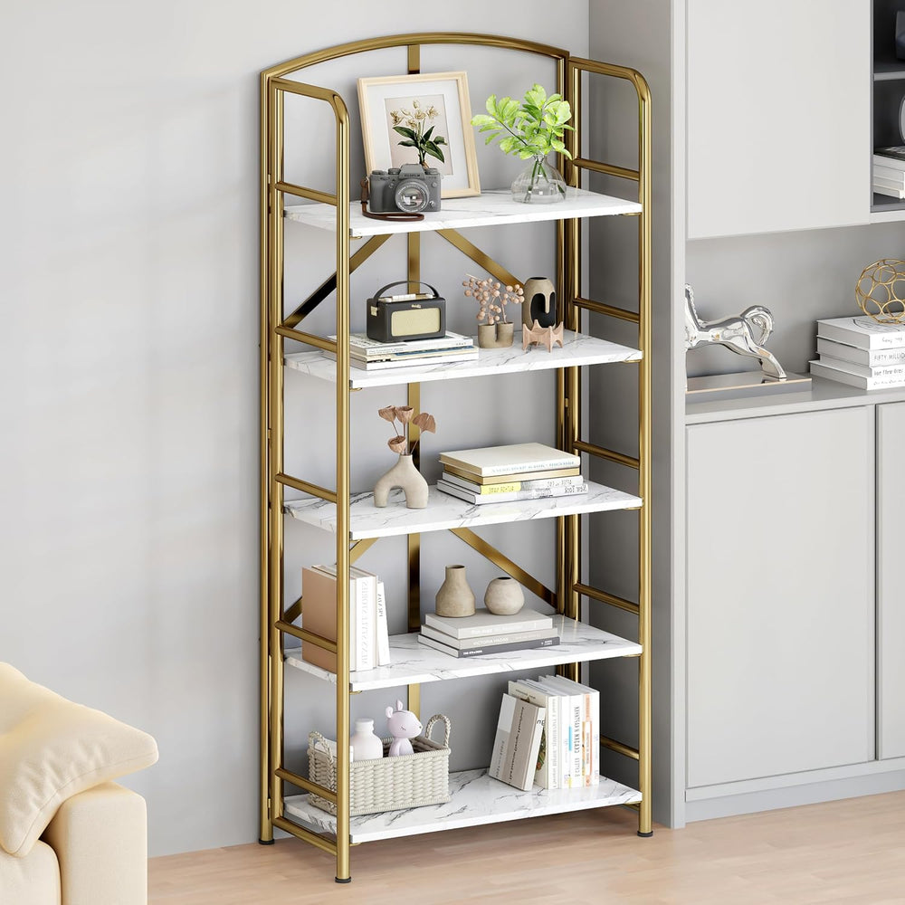 No Assembly,Gold Folding Bookshelf 5 Tiers, Vintage Storage Rack,Brown&Gold