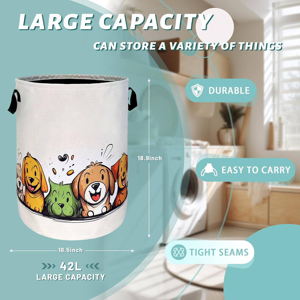 Happy Colorful Dogs Laundry Hamper With Handles Foldable Cute Animals Dog Oxford Cloth Tote Bag Funny Laundry Basket Clothes Toy Storage Bucket 18.9" x 16.5"For Bathroom/Laundry/Bedroom