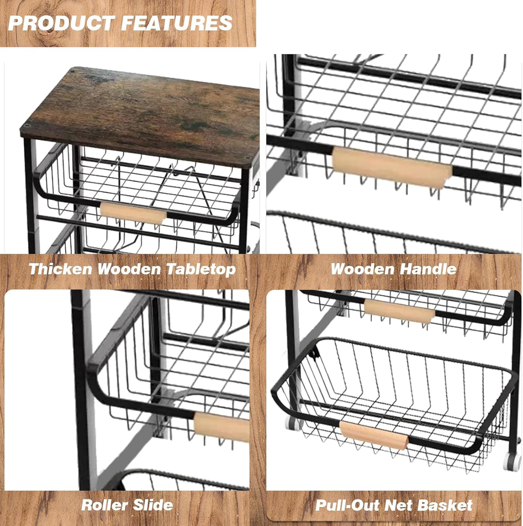 5-Tier Utility Kitchen Cart Storage with Pull-Out Baskets and Wood Top,Heavy Duty Multi Rolling Pantry Kitchen Cart on Wheels for Fruit Potato Onion Vegetable Snack Produce,Black