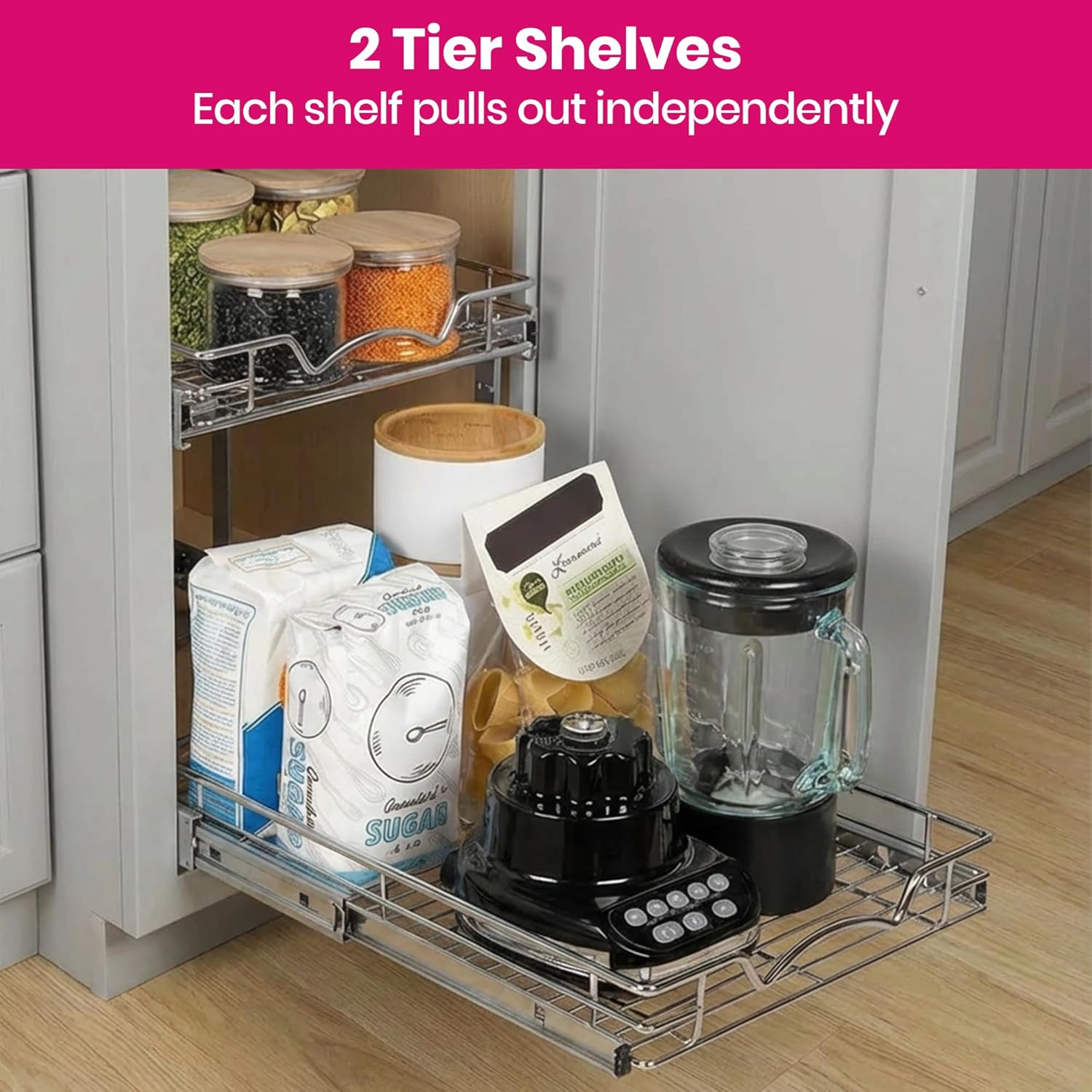 2-Tier Pull-Out Cabinet Organizer for Kitchen, 22" W x 21”D x 16.5" H | Full-Extension Sliding Shelves, Holds 100 lbs, Easy Install for Kitchen, Pantry & Under Sink Cabinets