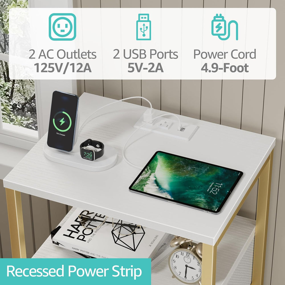 BOLUO Gold Nightstand with Charging Station, LED Night Stand with 2 Fabric Dr...