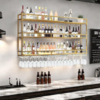 59in Wall Mounted Wine Rack, Wine Rack Wall Mounted With Wine Glass Rack, Metal Bar Bottle Display Shelf Wine Cups Hanging Holder, For Home Bar Cafe Dining Room Decoration (GOLD, 59*10*35.5IN)