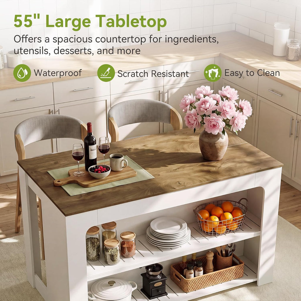 LITTLE TREE 55" Kitchen Island with Storage Shelves | 3-Tier Farmhouse Stationary Island Table with Extra Large Work Surface & Leg Room for Kitchen Dining Room (White and Brown)