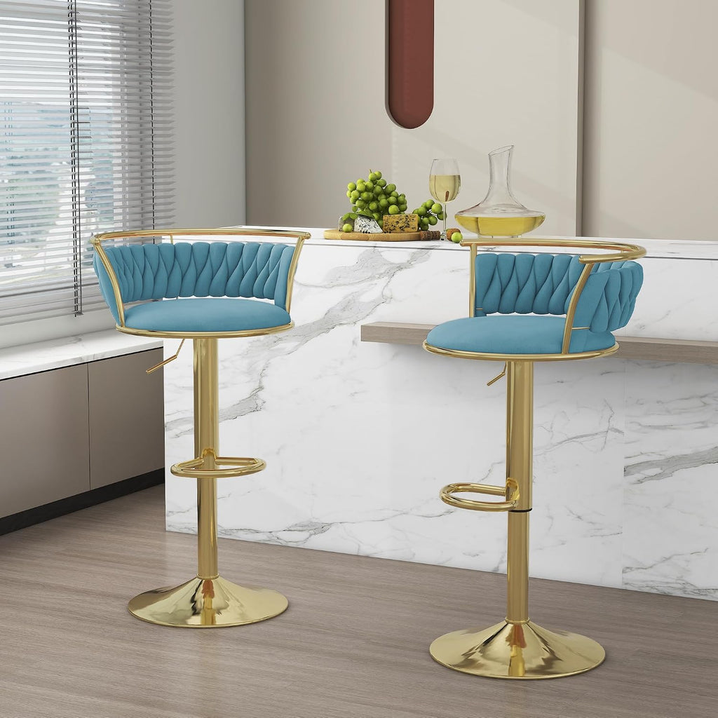 Velvet Swivel Bar Stools, Adjustable Counter Height Bar Chairs with Low Back & Footrest, Modern Gold Bar Stools for Kitchen Island, Bar Pub (Light Blue,Set of 2)