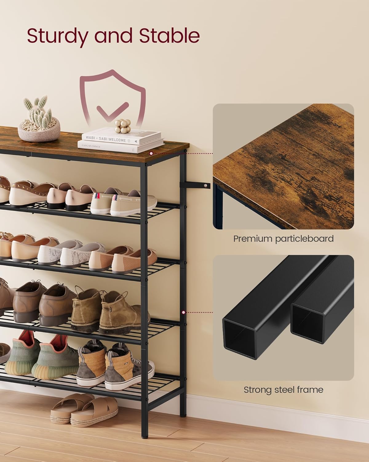 VASAGLE Shoe Rack, Shoe Storage Rack for Closet, Entryway, Living Room, Free Standing Metal Organizer Shelf, 5 Tiers, 11.8 x 29.5 x 34.3 Inches, for 18–24 Pairs, Rustic Brown and Ink Black ULBS050KD01