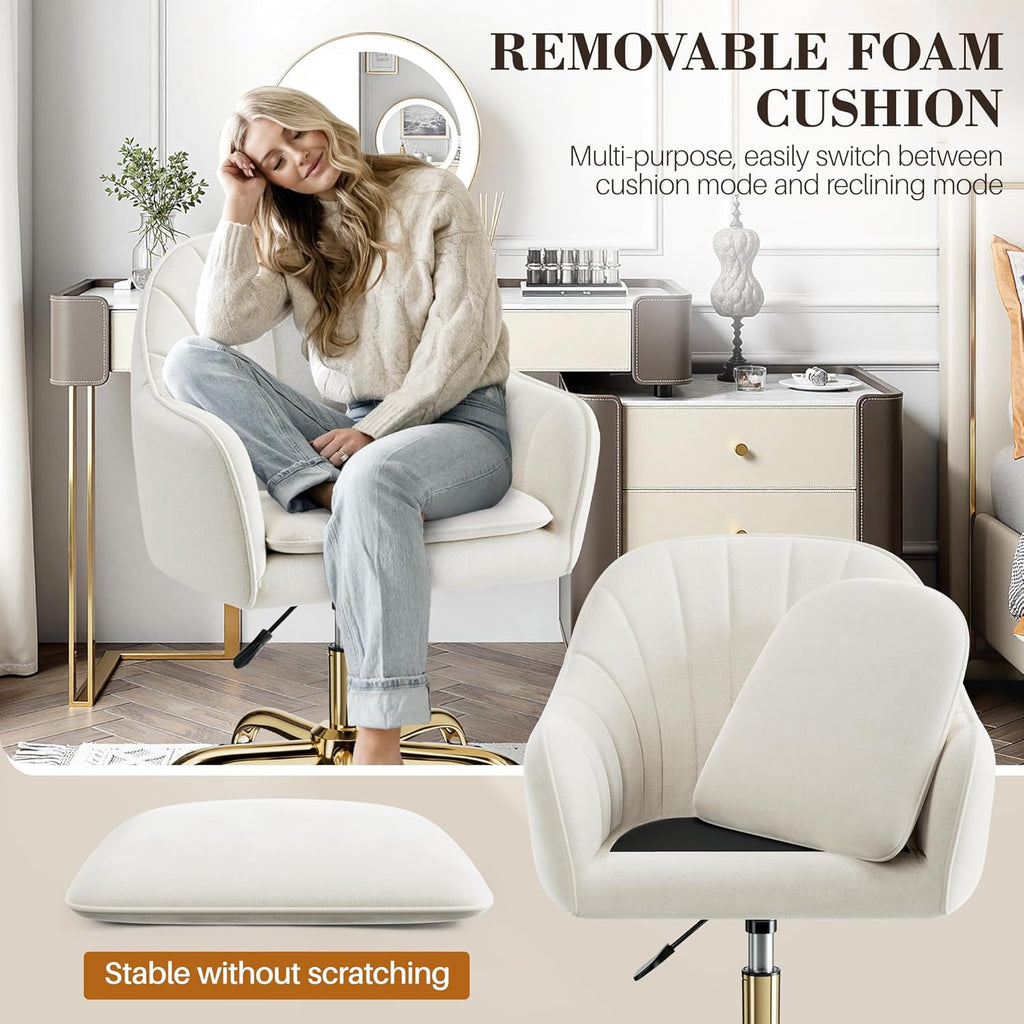 Vanity Chair with Wheels, Comfy Home Office Desk Chairs Adjustable Modern Velvet Makeup Vanity Chairs for Bedroom Living Room-Beige