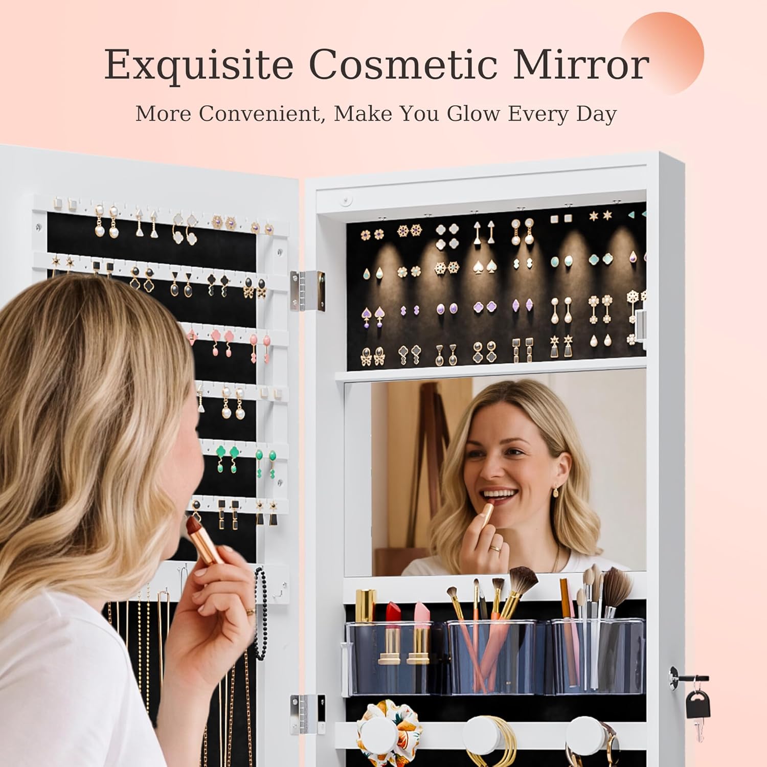 Unisakey Lockable Mirror Jewelry Cabinet LED Lights Wall Mount White | Door or Wall Mount Flexible,Drawers Cosmetic Trays Shelves Inside,Built-in Full-Length Mirror,Dimensions 14.4"×3.15"×43.1"