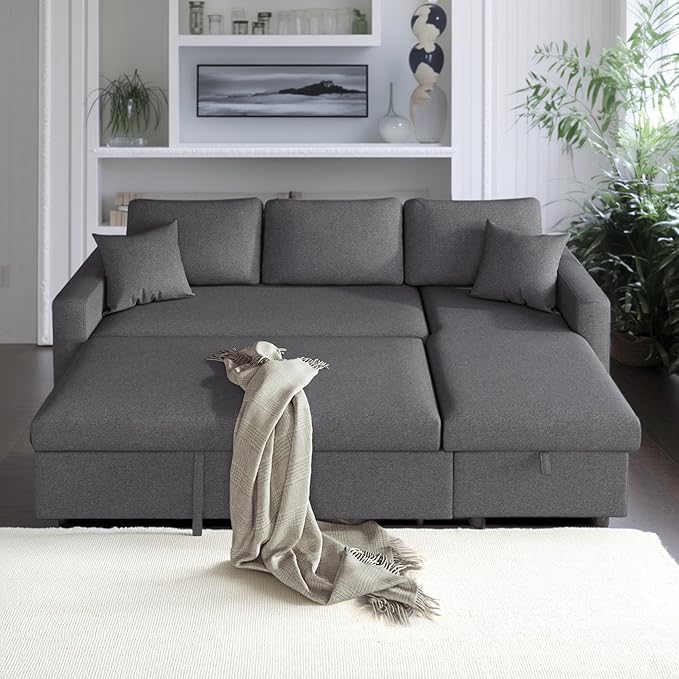 87.4 Inch L Shape Sleeper Sectional Sofa with Storage Chaise, Pull Out Bed and 2 Tossing Cushions, Upholstered Corner Couch for Living Room, Apartment, Home Furniture, Gray