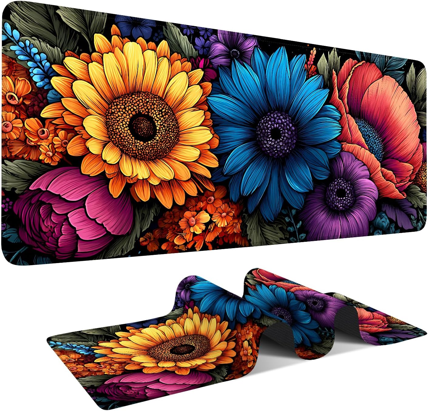 Flower Gaming Mouse Pad 35.4"x15.7"Desk Mat Anti-Slip Rubber Base & Durable Stitched Edges for Gamers Smooth Mouse Writing Surface for Desk Office/Home