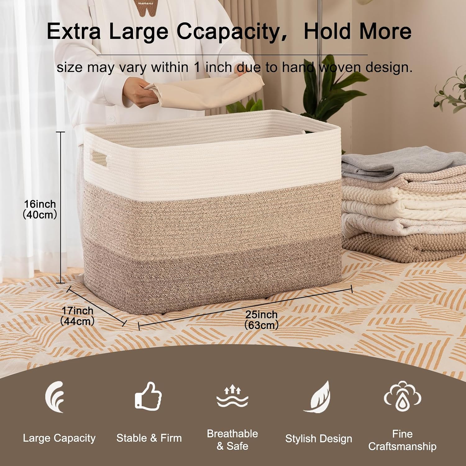 OIAHOMY 118L Extra Large Blanket Basket, Rectangle Woven Cotton Rope Storage Basket,Used for storing Dirty Clothes, Stuffed Animal Toy Storage for Living Room,Kids Room,25" x 17" x 16", Gradient Brown
