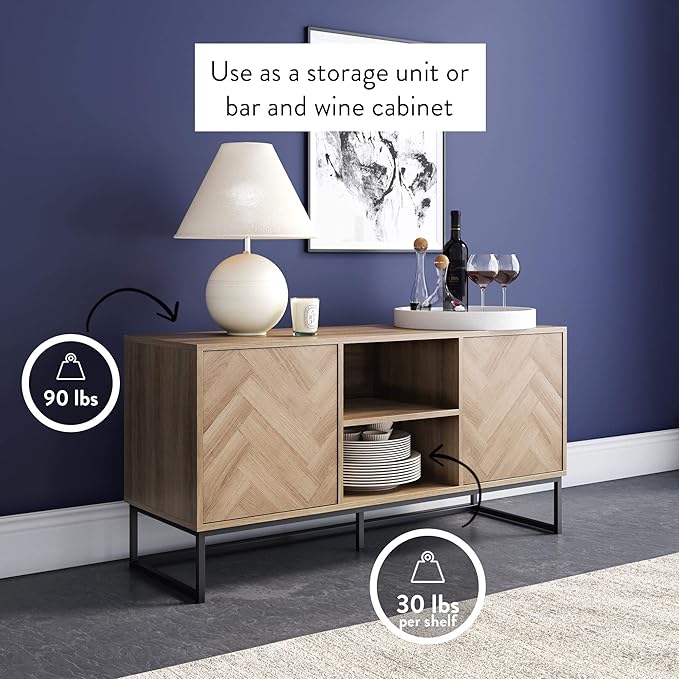 Nathan James Dylan Media Console Cabinet or TV Stand with Doors for Hidden Storage in a Natural Reclaimed Oak Herringbone Wood Pattern and Metal, Oak/Matte Black
